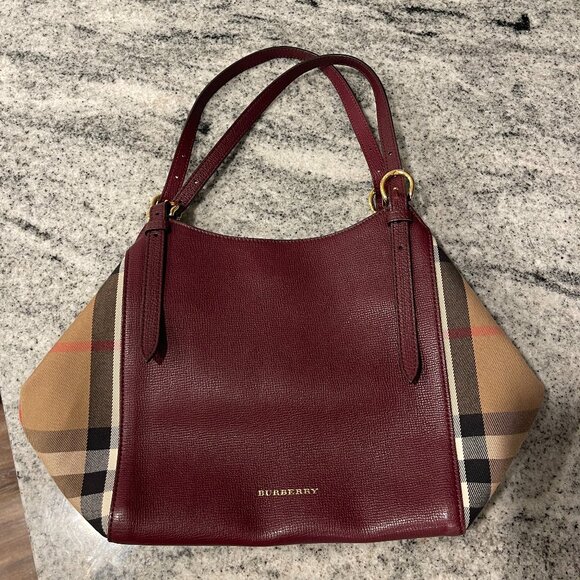 Burberry Burgundy Leather and House Check Canvas Small Canterbury Tote Bag - Picture 1 of 10